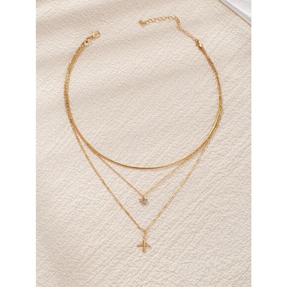 Romwe Women's Airplane Décor Gold Tone Layered Chain Necklace - Picture 4 of 8